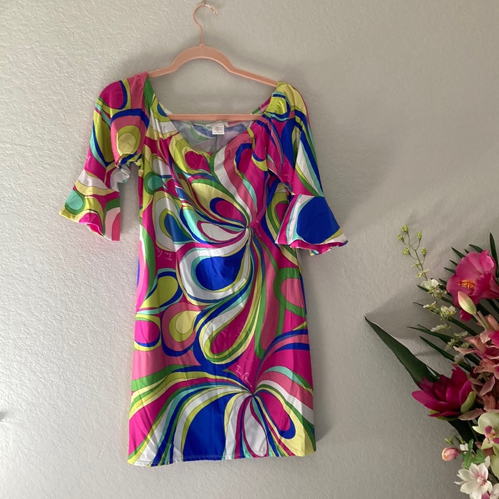 Vibrant Pink Multi-Color Swirl Midi Dress
